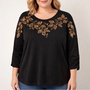 Alfred Dunner Black Scoop Neck Top with Gold Leaf Embroidery